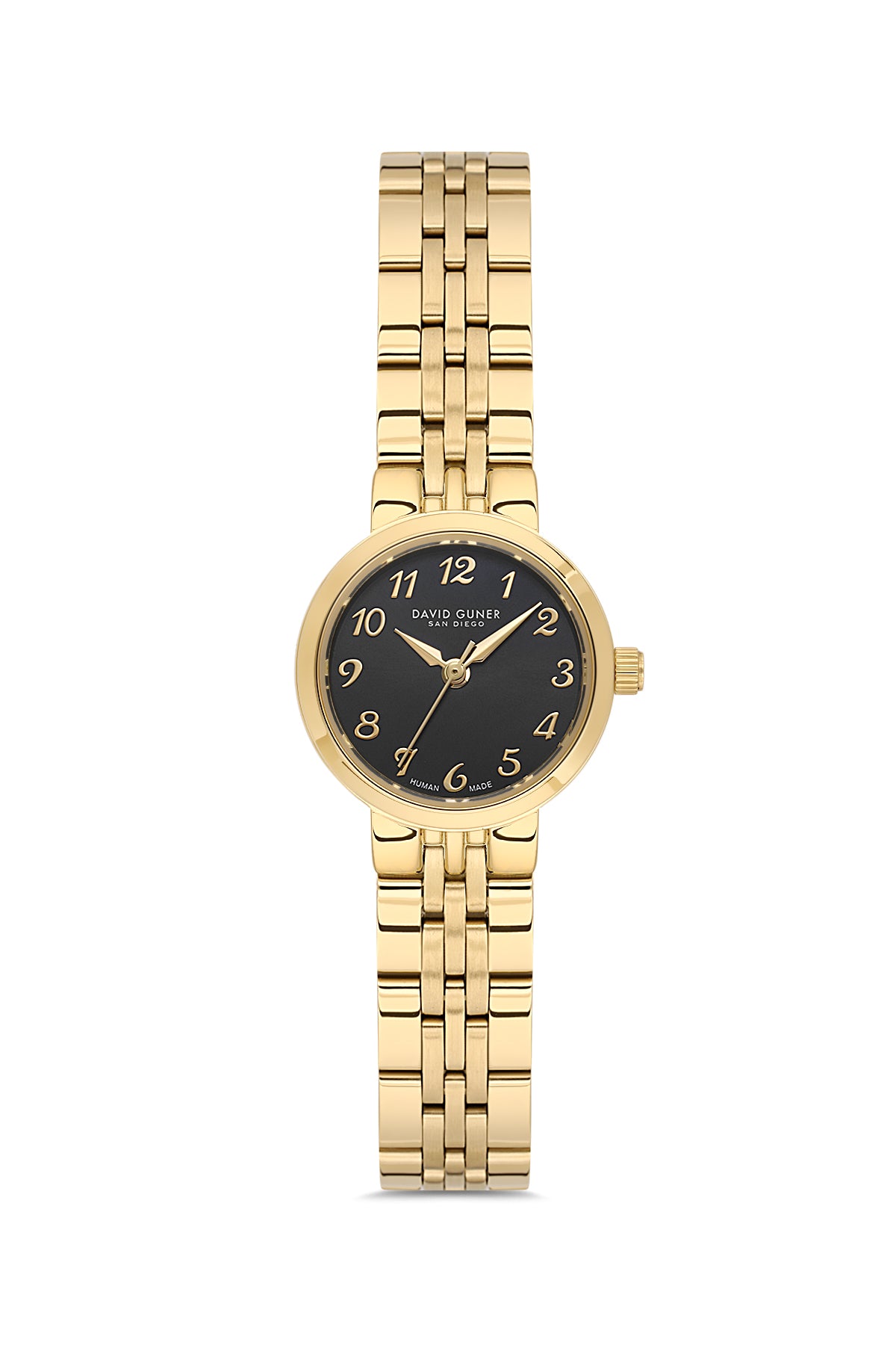 David Guner 9072LA-B2 women's watch with black dial, gold-tone case and stainless steel bracelet – front view