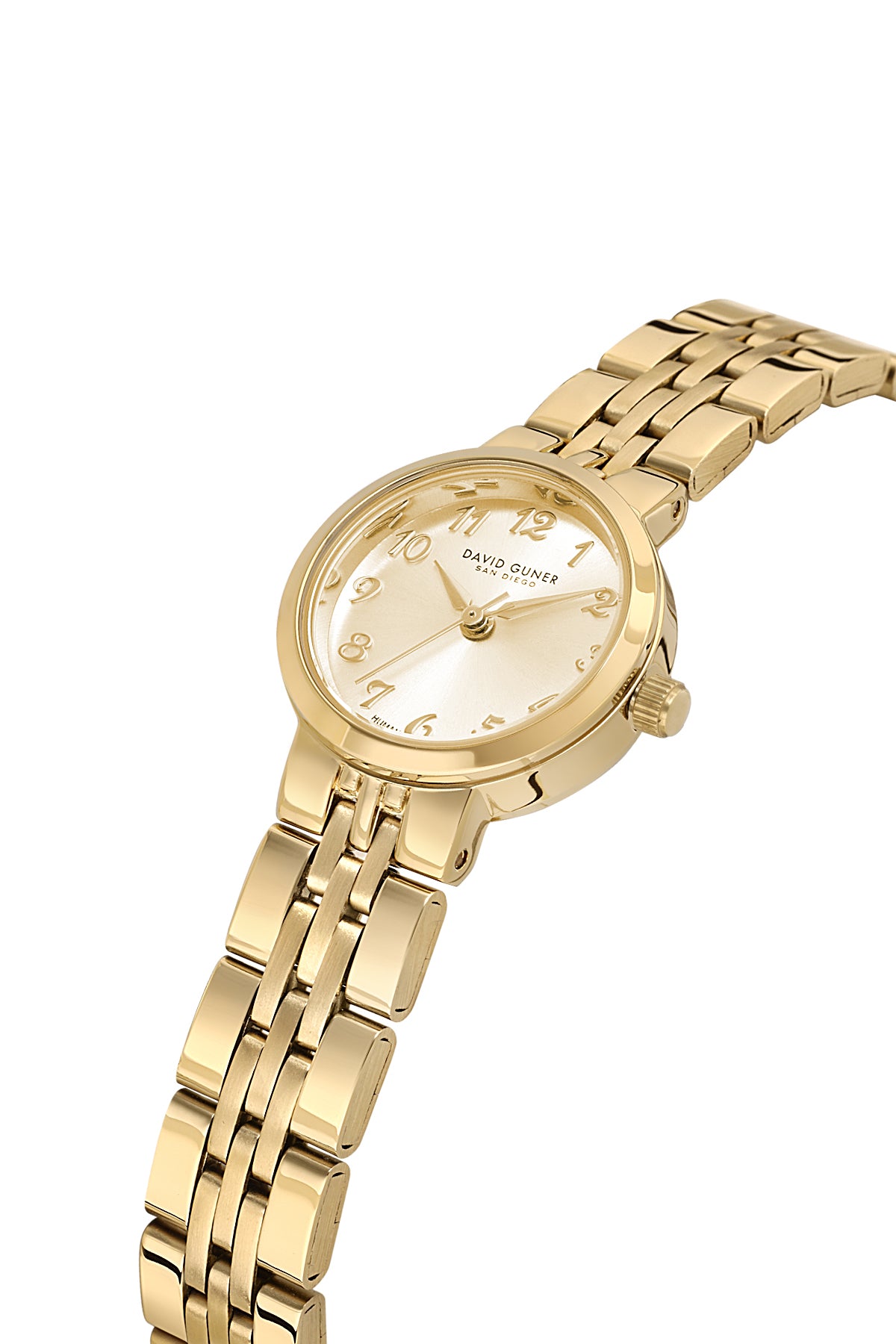David Guner 9072LA-B4 women's watch with gold dial, gold-tone case and stainless steel bracelet – angled view