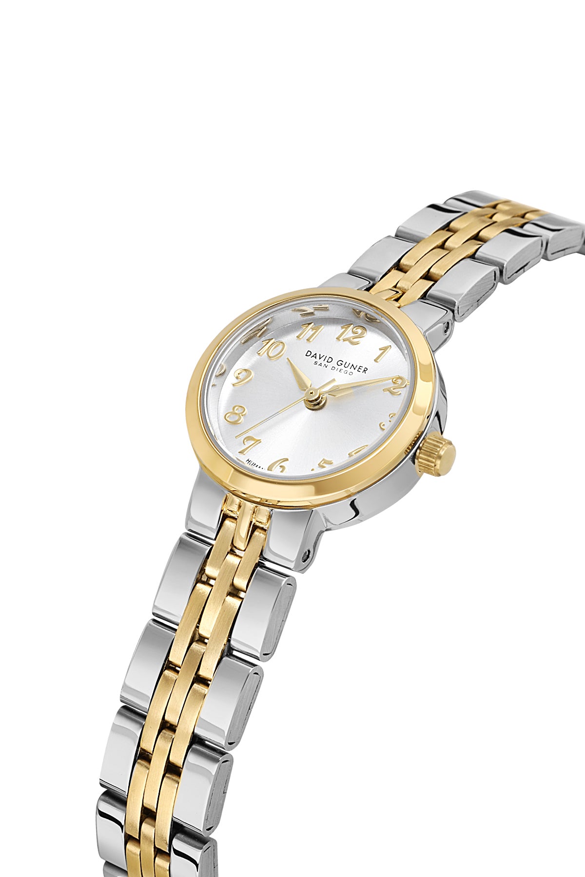 David Guner 9072LA-D1 women's watch with silver dial, two-tone case and stainless steel bracelet – angled view