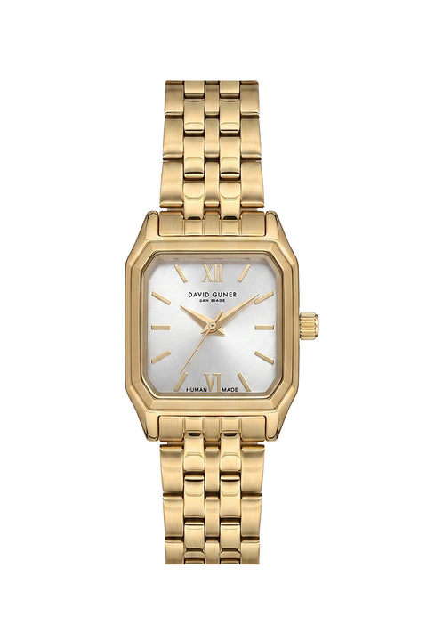 David Guner 9075LA-B1 women's watch with silver dial, gold-tone case and stainless steel bracelet – front view