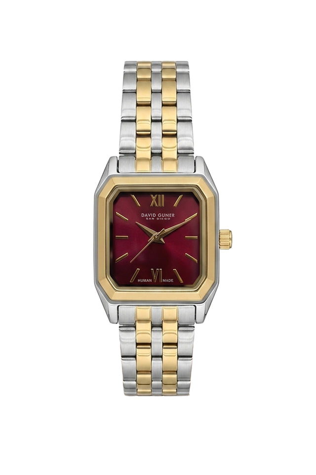 David Guner 9075LA-D14 women's watch with burgundy dial, two-tone case and stainless steel bracelet – front view