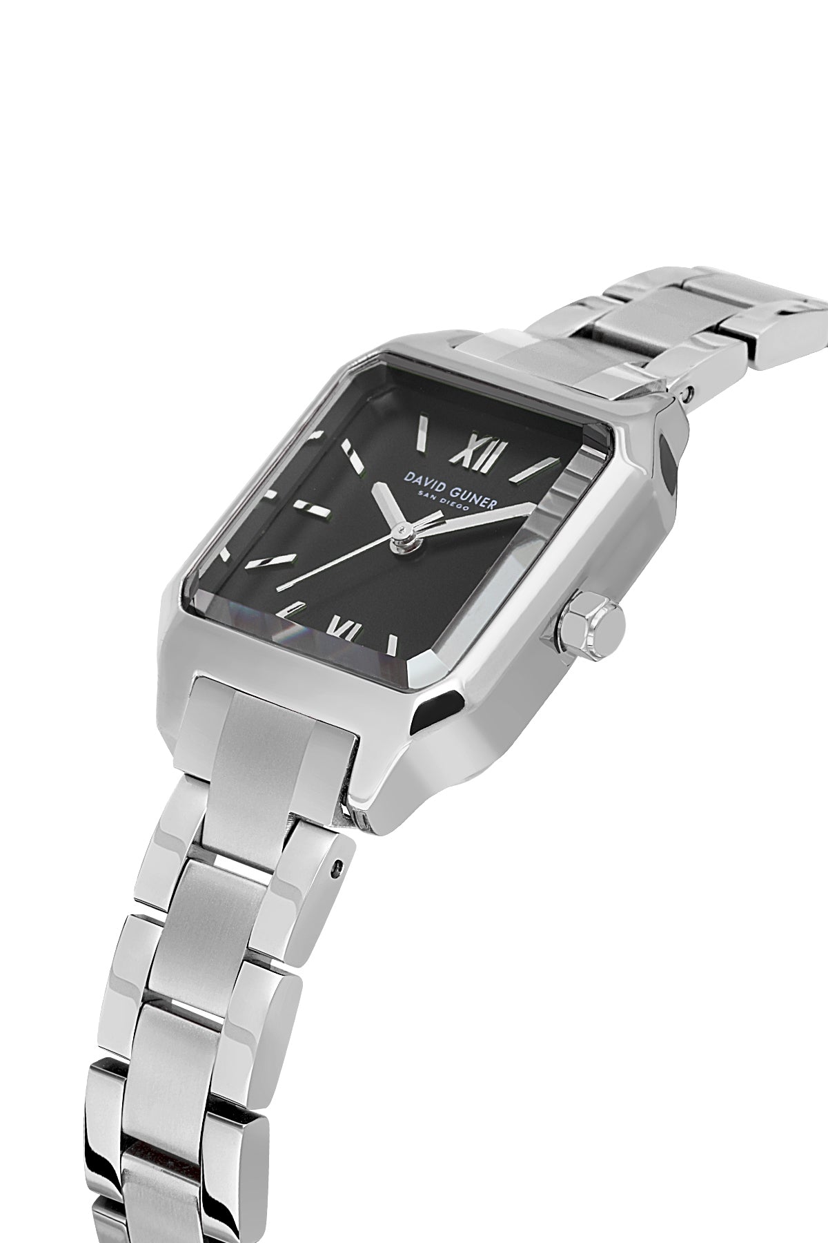 David Guner 9077LA-A2 women's watch with black dial, silver-tone case and stainless steel bracelet – angled view