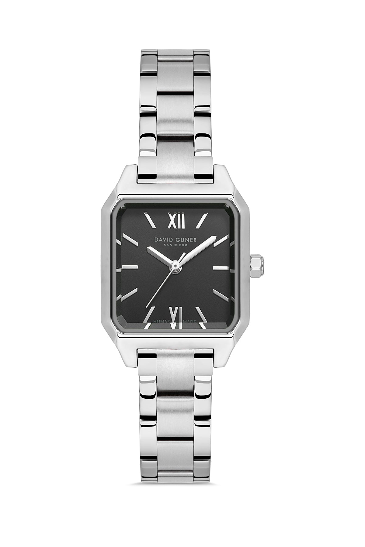 David Guner 9077LA-A2 women's watch with black dial, silver-tone case and stainless steel bracelet – front view