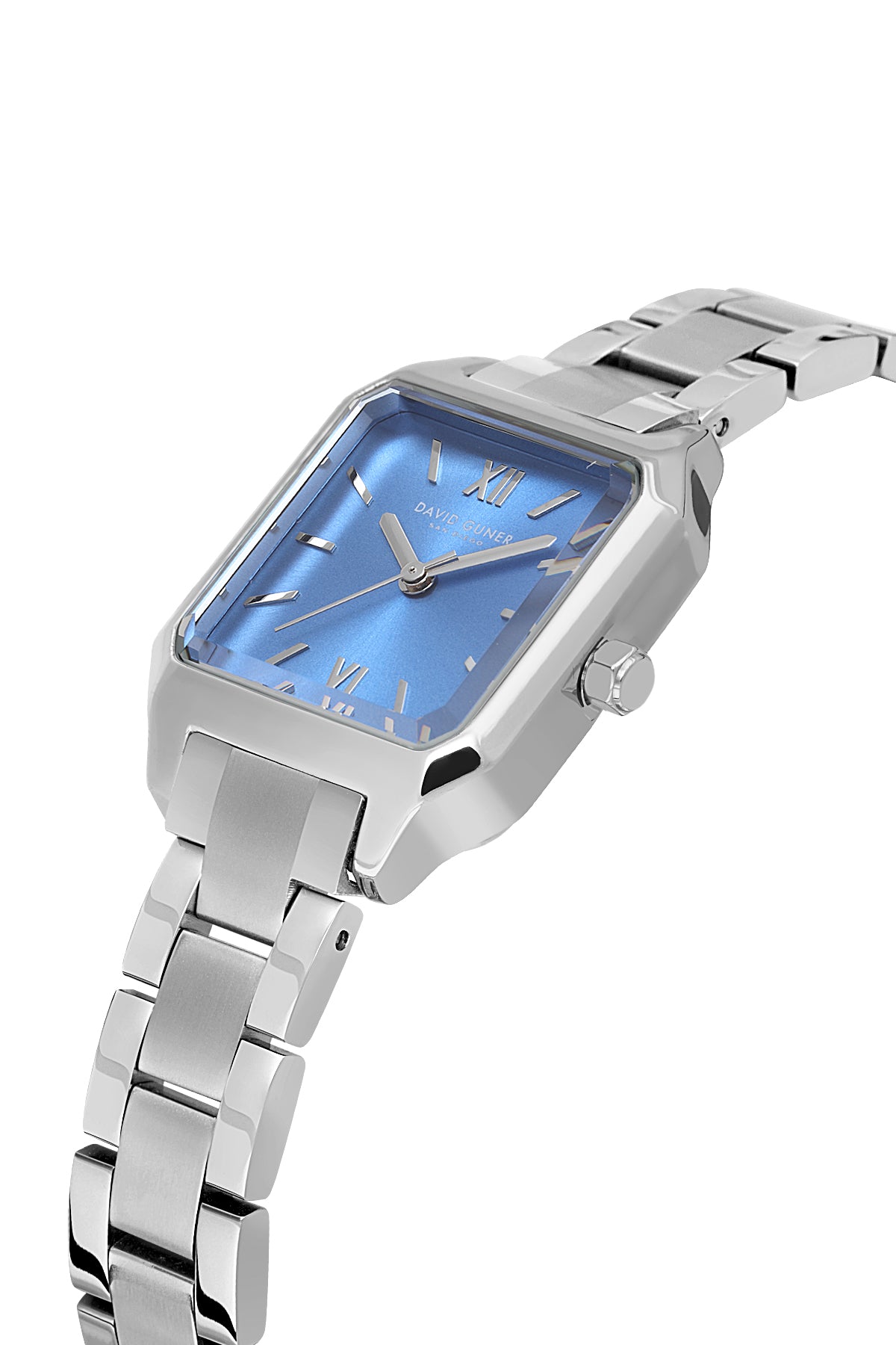 David Guner 9077LA-A3 women's watch with blue dial, silver-tone case and stainless steel bracelet – angled view
