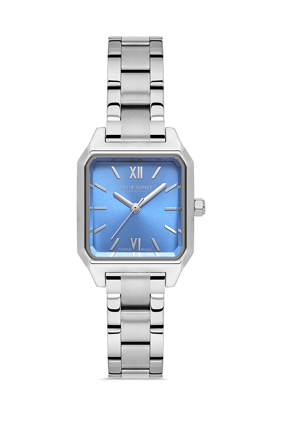 David Guner 9077LA-A3 women's watch with blue dial, silver-tone case and stainless steel bracelet – front view