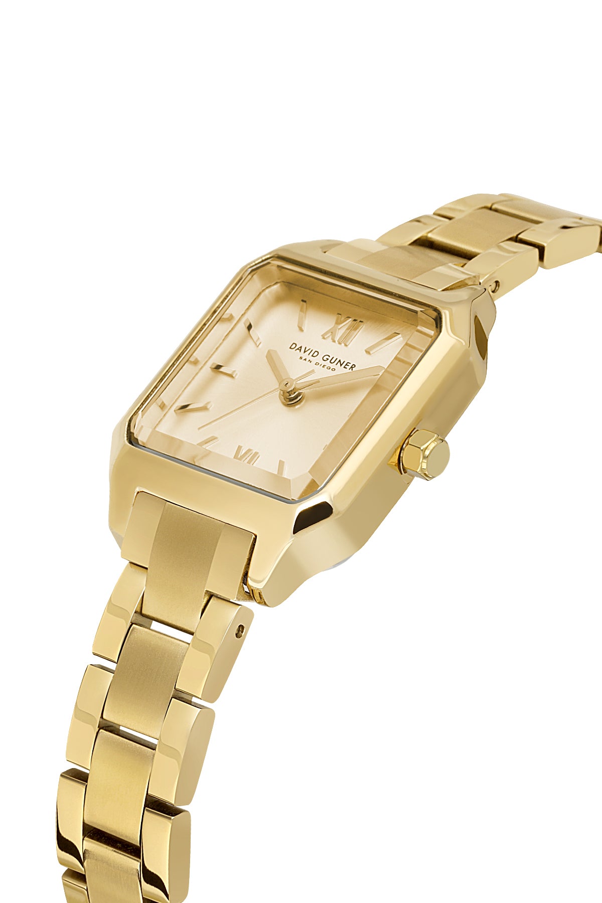 David Guner 9077LA-B4 women's watch with gold dial, gold-tone case and stainless steel bracelet – angled view