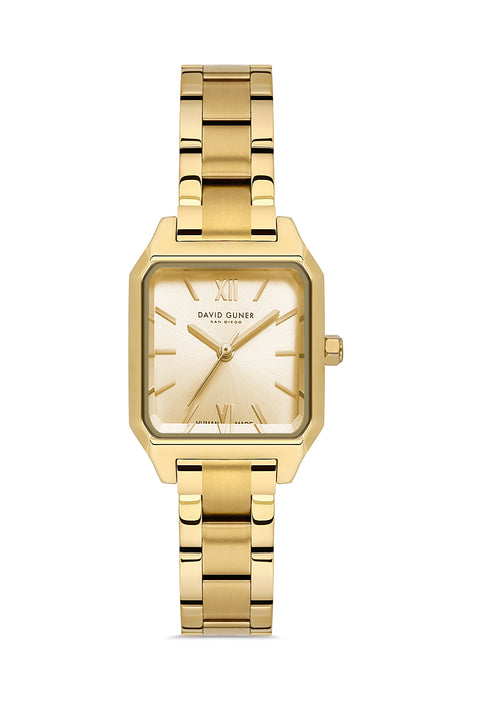 David Guner 9077LA-B4 women's watch with gold dial, gold-tone case and stainless steel bracelet – front view