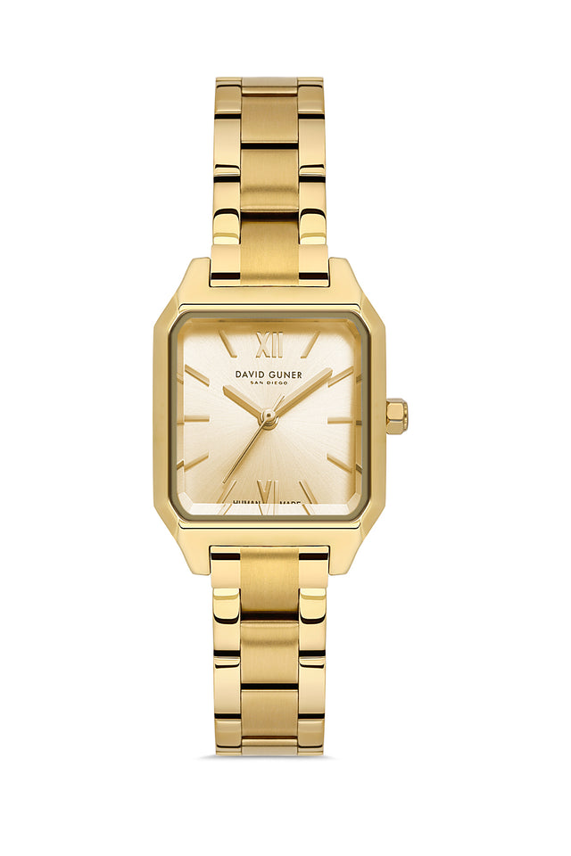 David Guner 9077LA-B4 women's watch with gold dial, gold-tone case and stainless steel bracelet – front view