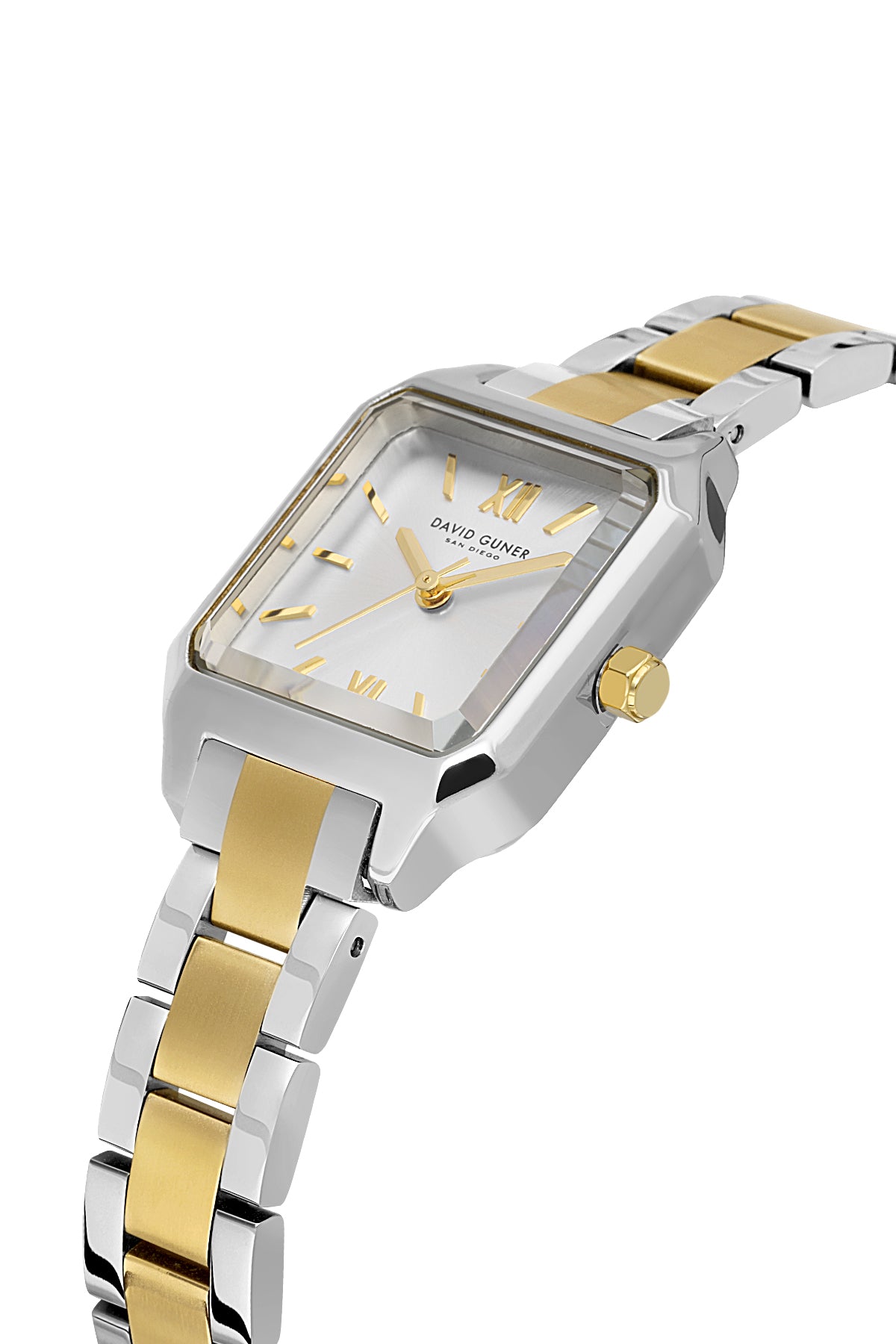 David Guner 9077LA-D1 women's watch with silver dial, two-tone case and stainless steel bracelet – angled view
