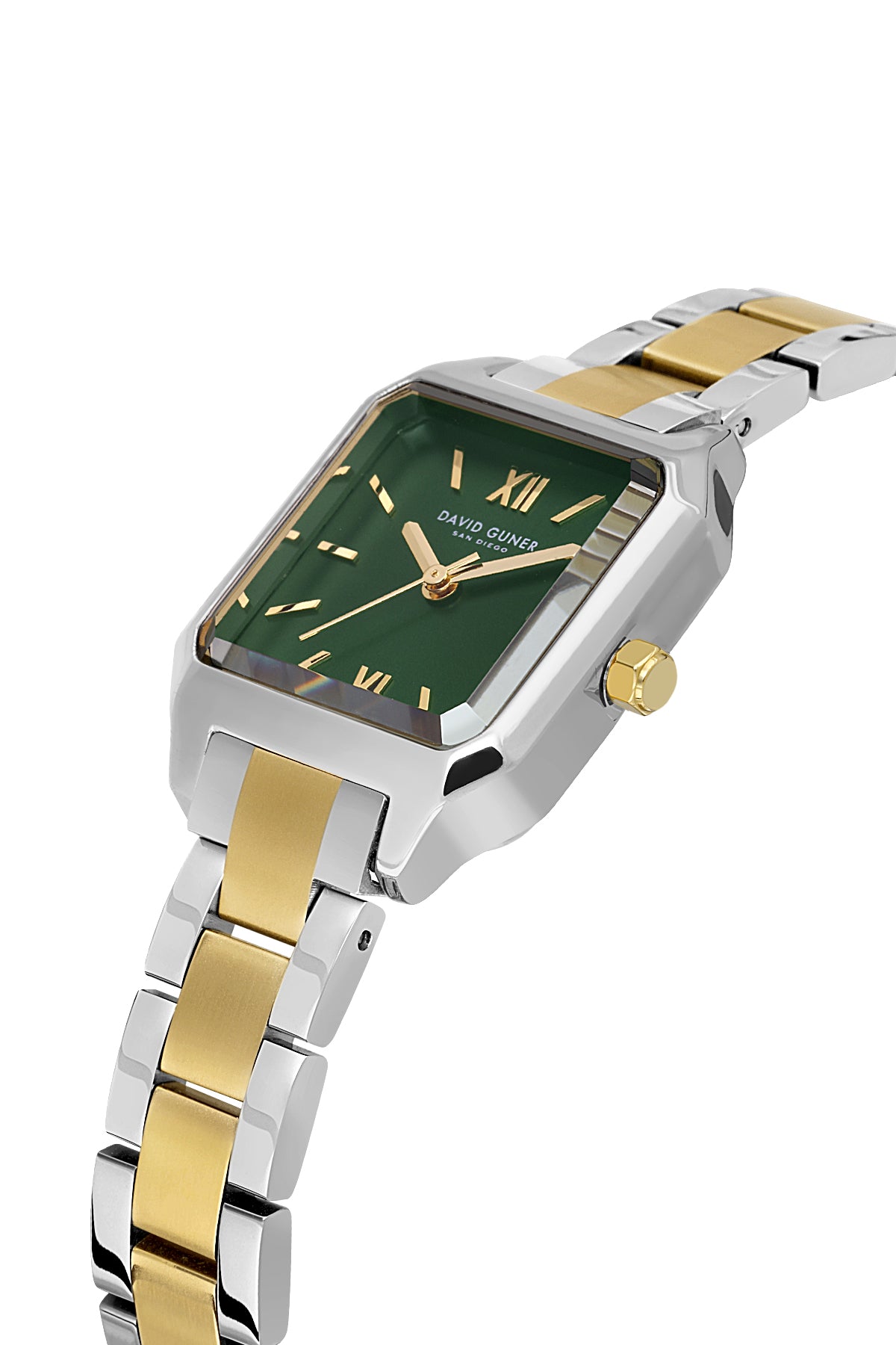 David Guner 9077LA-D10 women's watch with green dial, two-tone case and stainless steel bracelet – angled view