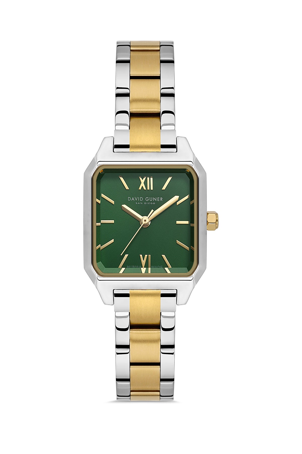 David Guner 9077LA-D10 women's watch with green dial, two-tone case and stainless steel bracelet – front view