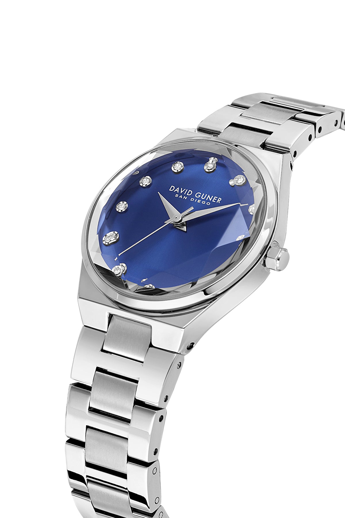 David Guner 9084LA-A3 women's watch with blue dial, silver-tone case and stainless steel bracelet – angled view