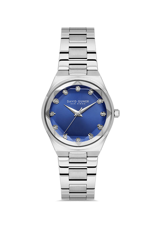 David Guner 9084LA-A3 women's watch with blue dial, silver-tone case and stainless steel bracelet – front view