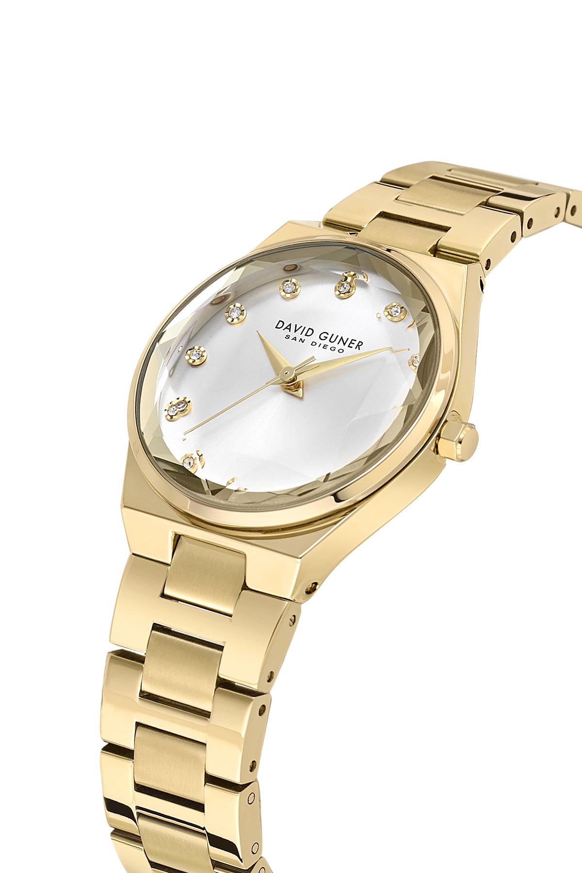David Guner 9084LA-B1 women's watch with silver dial, gold-tone case and stainless steel bracelet – angled view