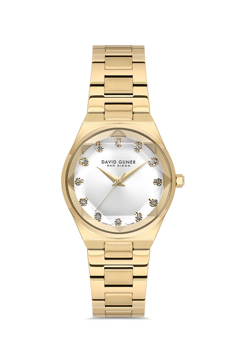 David Guner 9084LA-B1 women's watch with silver dial, gold-tone case and stainless steel bracelet – front view