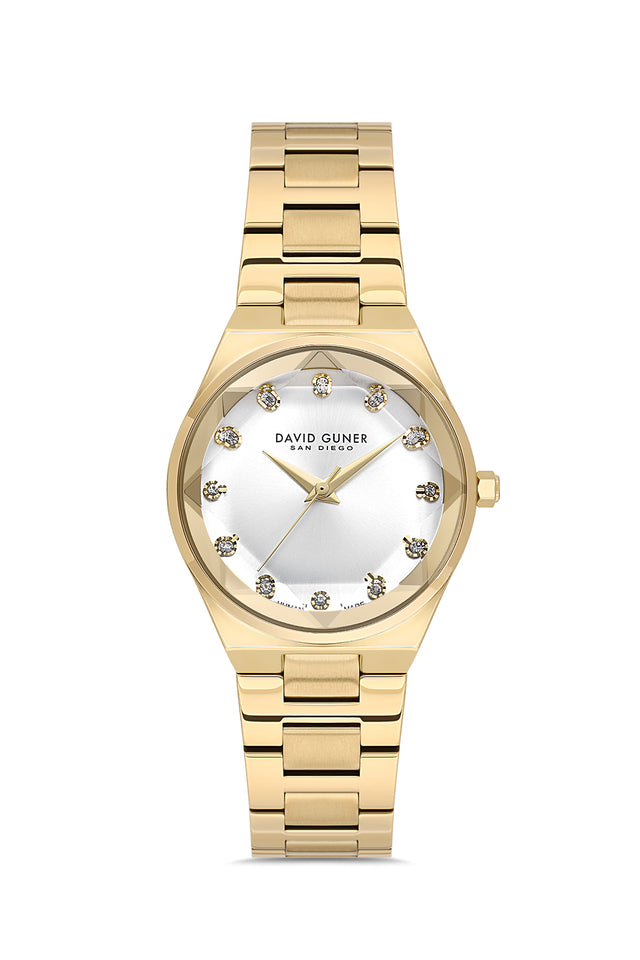 David Guner 9084LA-B1 women's watch with silver dial, gold-tone case and stainless steel bracelet – front view