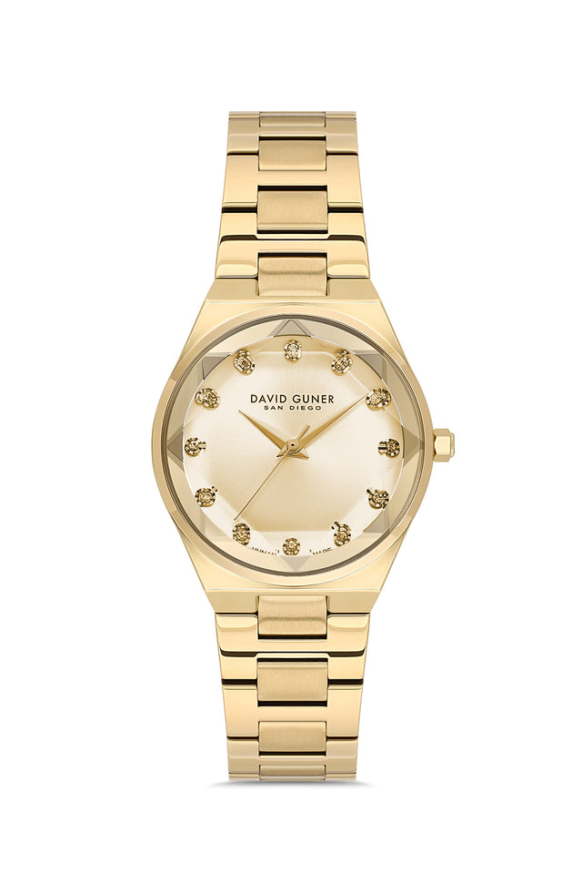 David Guner 9084LA-B4 women's watch with gold dial, gold-tone case and stainless steel bracelet – front view