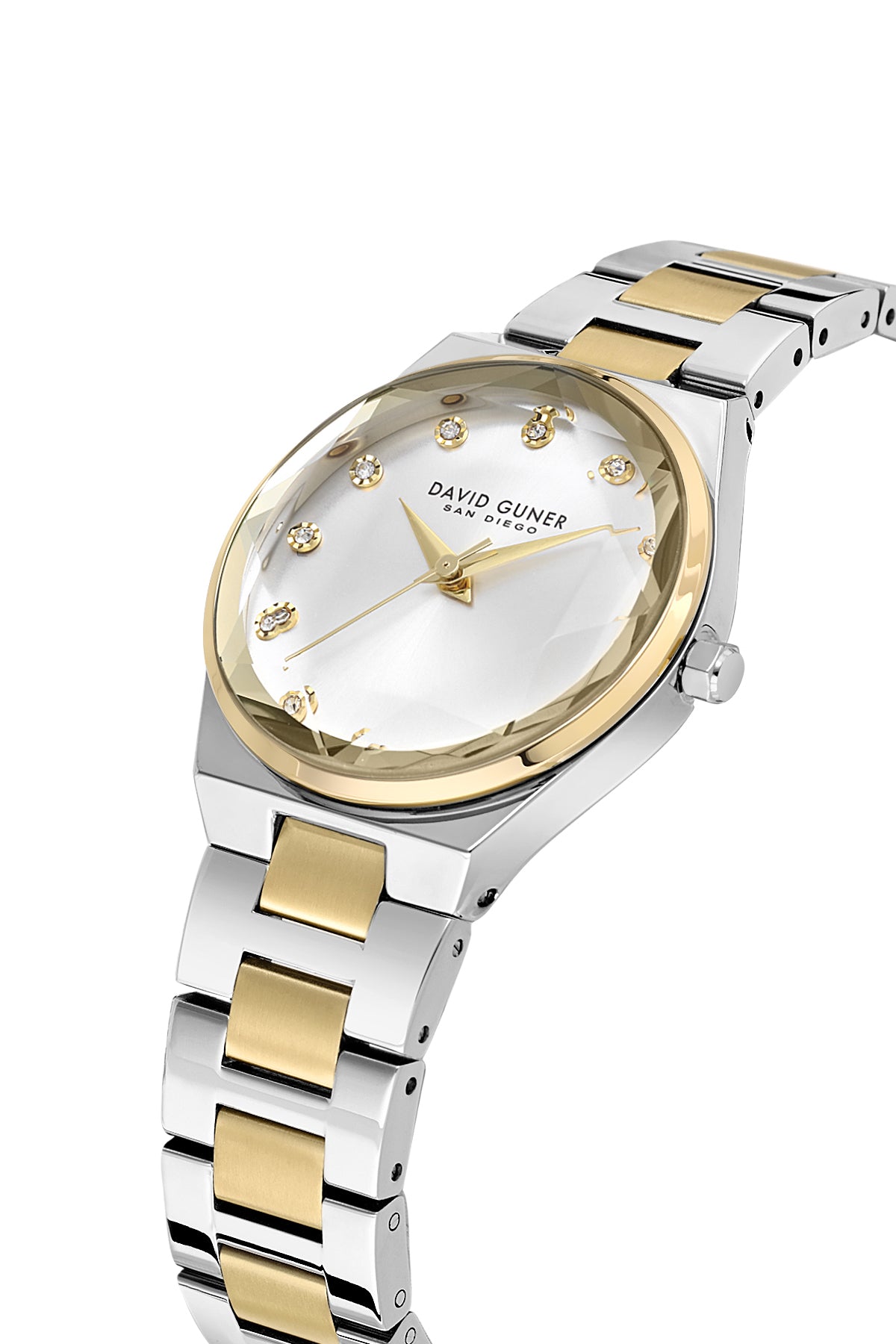 David Guner 9084LA-D1 women's watch with silver dial, two-tone case and stainless steel bracelet – angled view