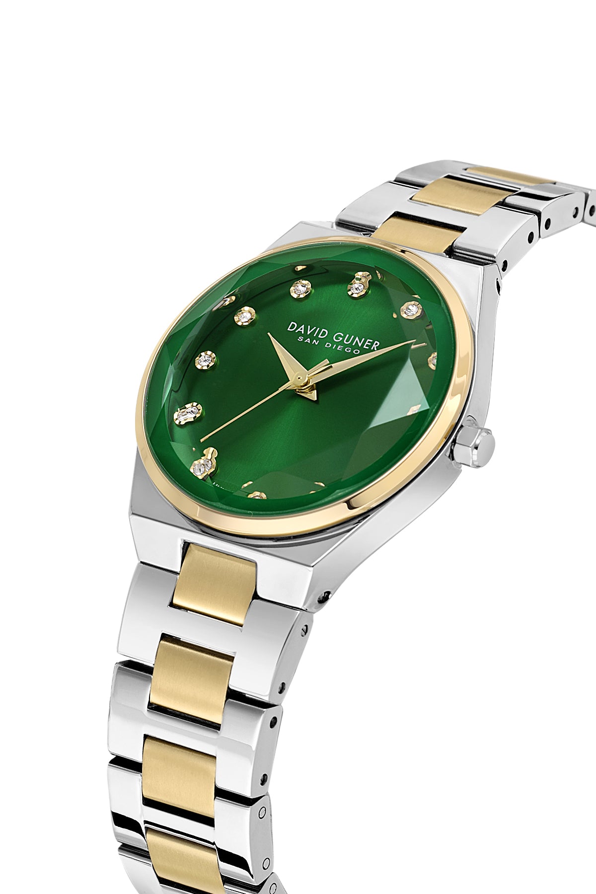 David Guner 9084LA-D10 women's watch with green dial, two-tone case and stainless steel bracelet – angled view