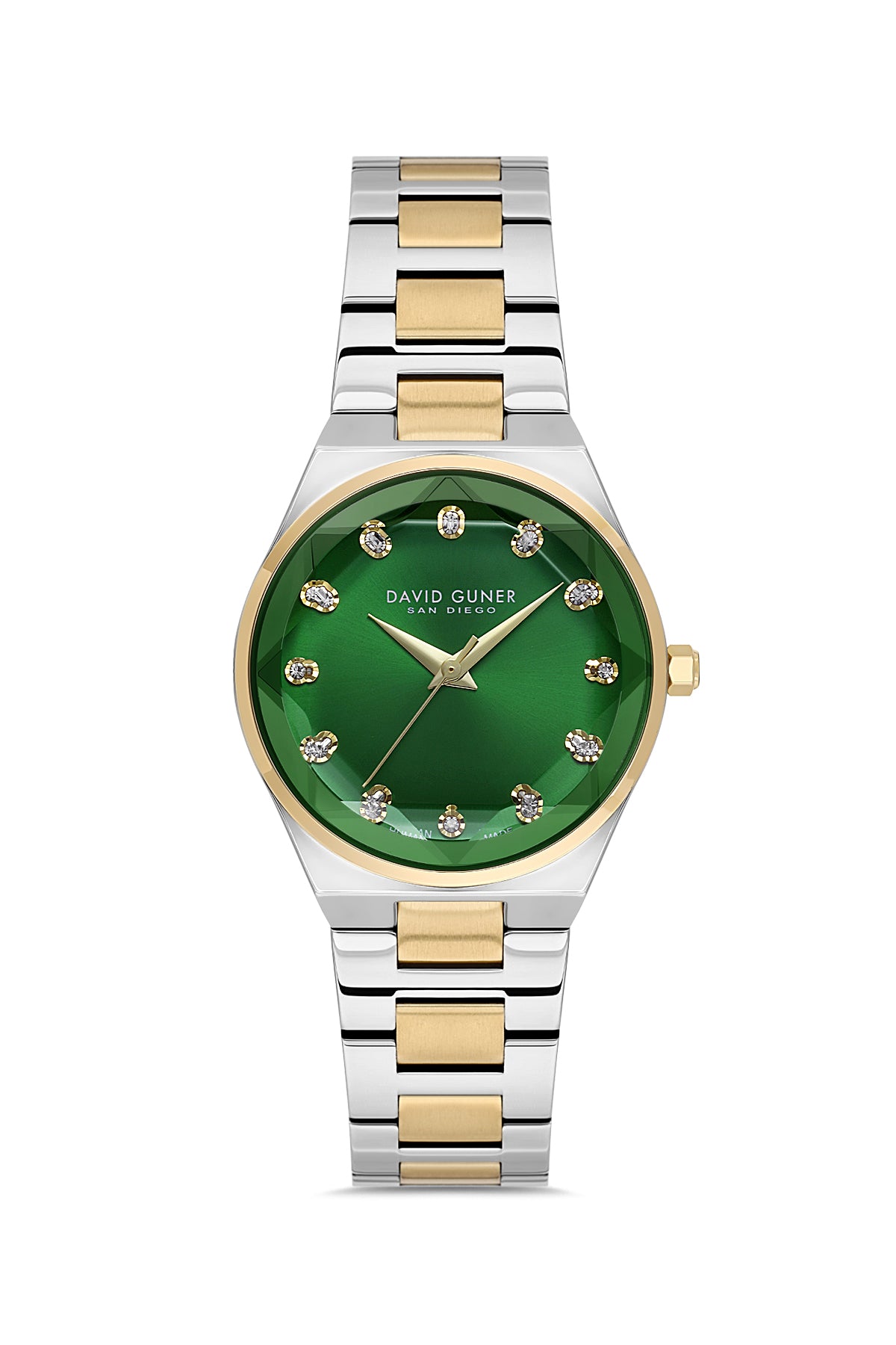 David Guner 9084LA-D10 women's watch with green dial, two-tone case and stainless steel bracelet – front view