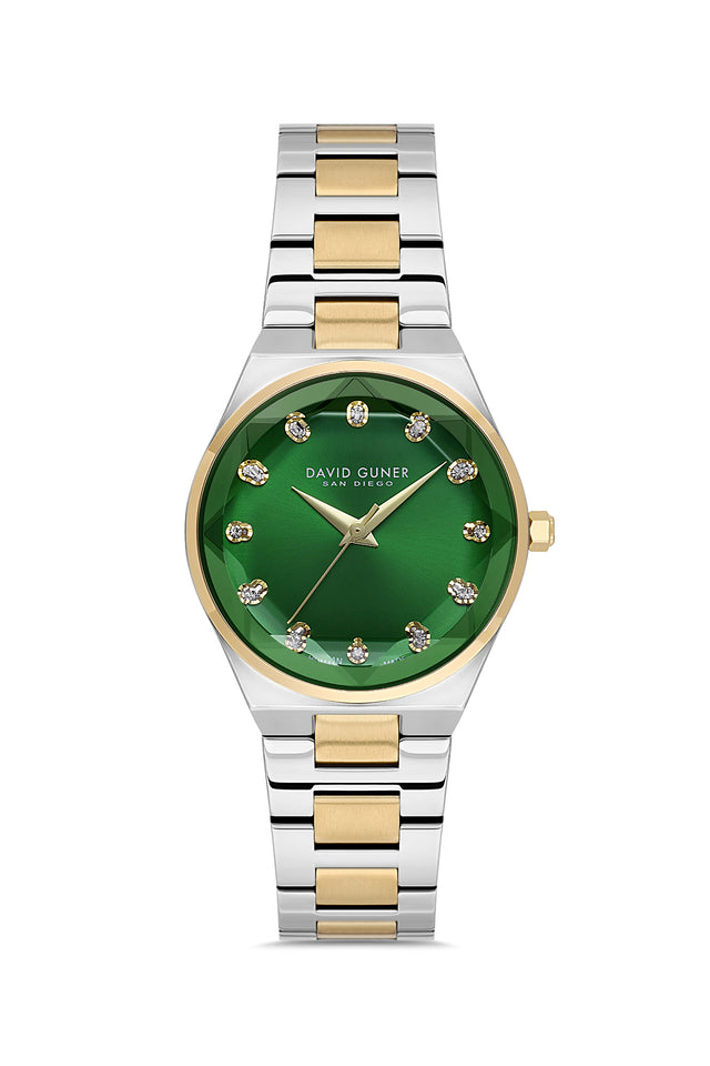 David Guner 9084LA-D10 women's watch with green dial, two-tone case and stainless steel bracelet – front view
