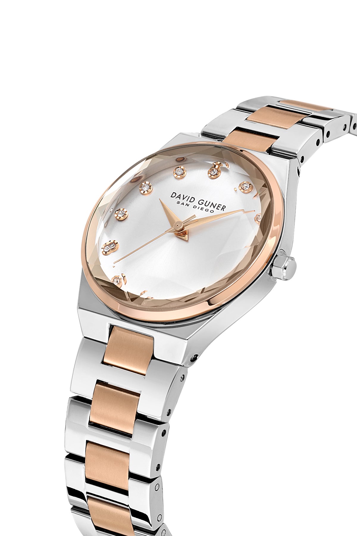 David Guner 9084LA-E1 women's watch with silver dial, two-tone rose gold case and stainless steel bracelet – angled view