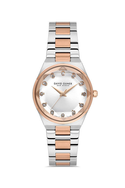 David Guner 9084LA-E1 women's watch with silver dial, two-tone rose gold case and stainless steel bracelet – front view