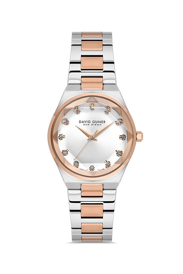 David Guner 9084LA-E1 women's watch with silver dial, two-tone rose gold case and stainless steel bracelet – front view