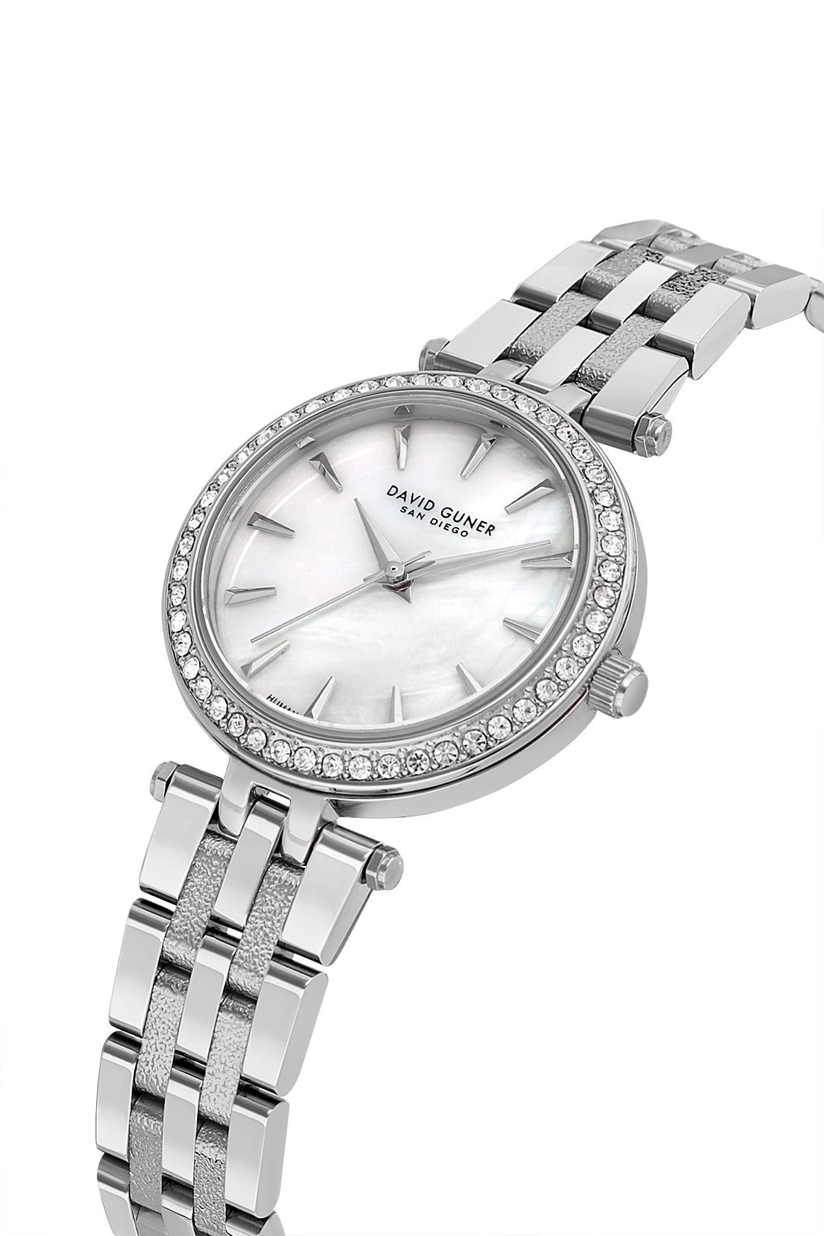 David Guner 9086LA-A1 women's watch with white mother-of-pearl dial, silver-tone case and stainless steel bracelet – angled view
