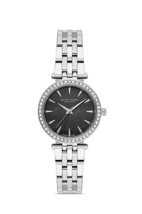 David Guner 9086LA-A2 women's watch with black mother-of-pearl dial, silver-tone case and stainless steel bracelet – front view