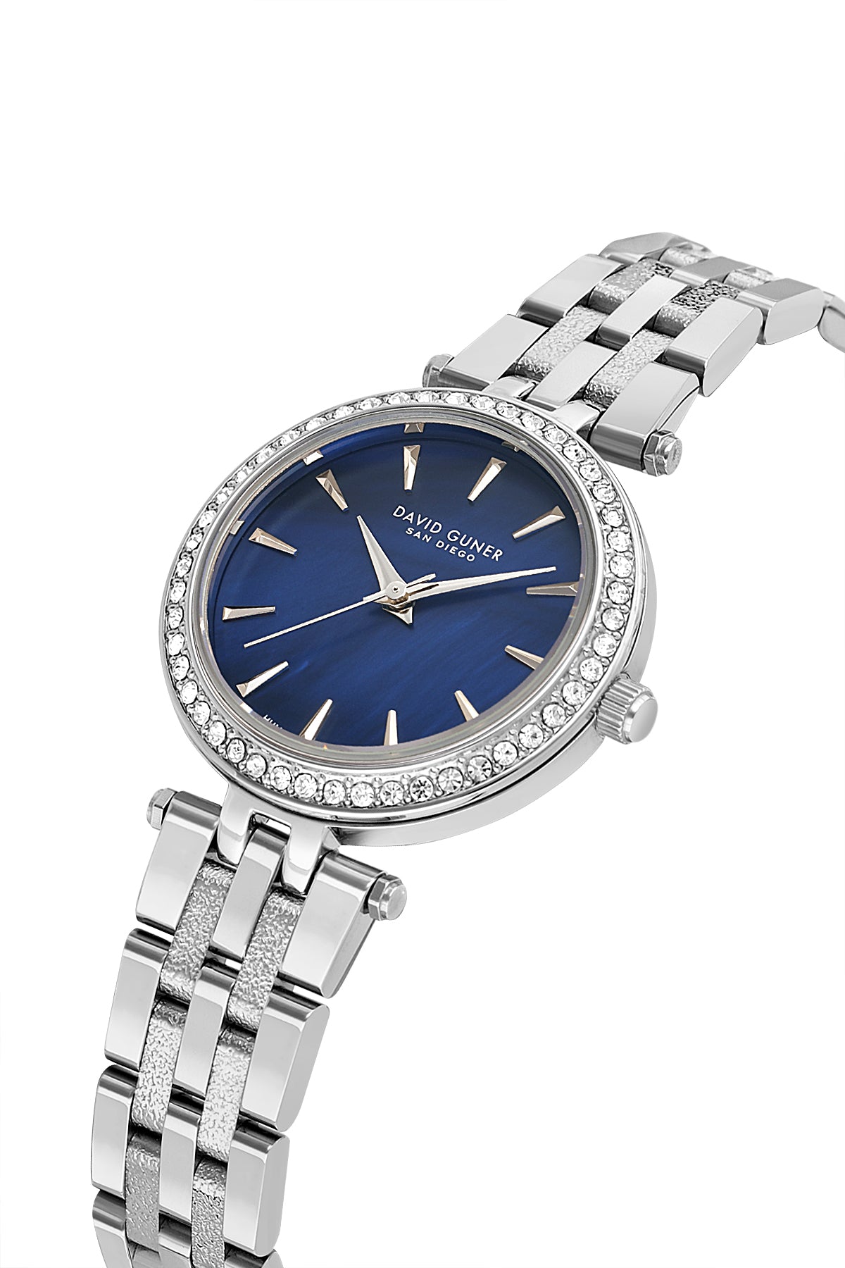 David Guner 9086LA-A3 women's watch with blue mother-of-pearl dial, silver-tone case and stainless steel bracelet – angled view