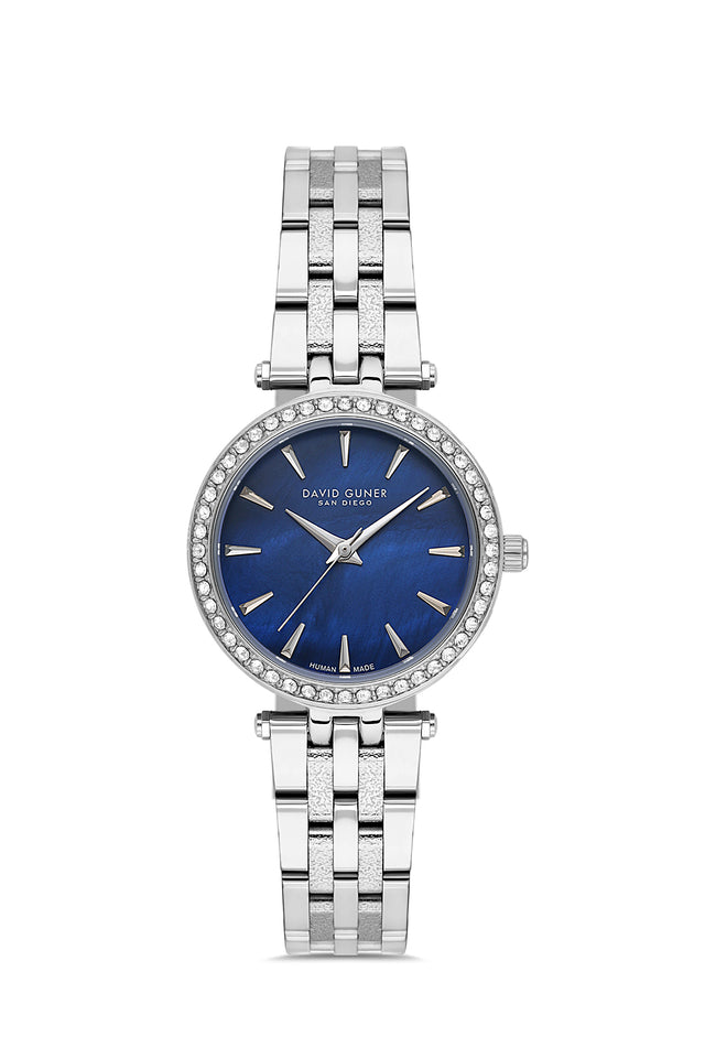 David Guner 9086LA-A3 women's watch with blue mother-of-pearl dial, silver-tone case and stainless steel bracelet – front view
