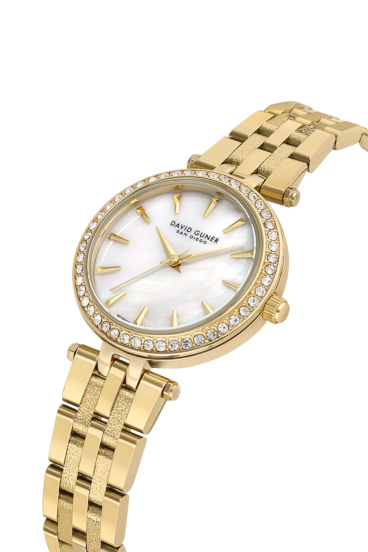 David Guner 9086LA-B1 women's watch with white mother-of-pearl dial, gold-tone case and stainless steel bracelet – angled view