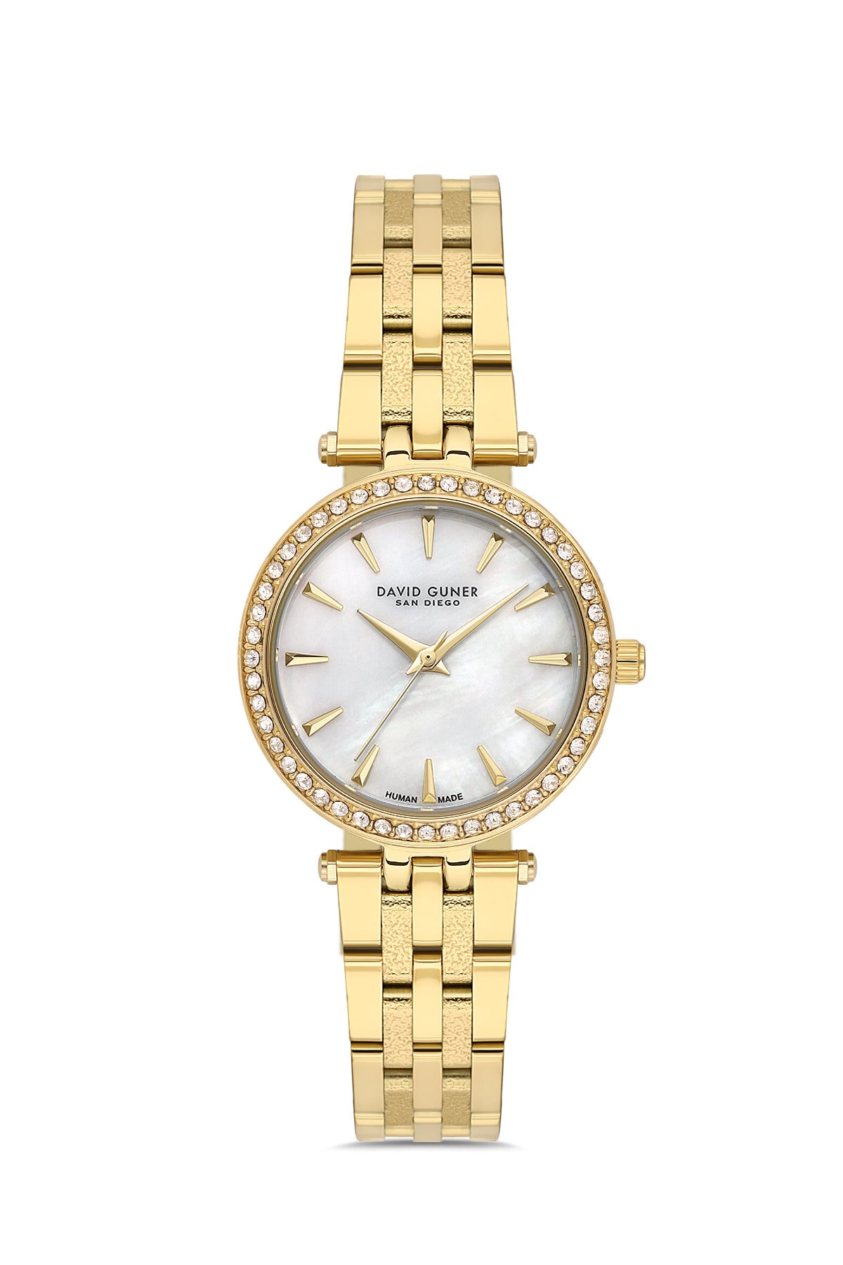 David Guner 9086LA-B1 women's watch with white mother-of-pearl dial, gold-tone case and stainless steel bracelet – front view