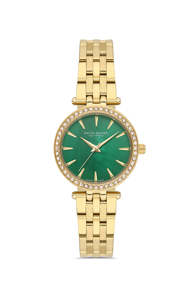 David Guner 9086LA-B10 women's watch with green mother-of-pearl dial, gold-tone case and stainless steel bracelet – front view
