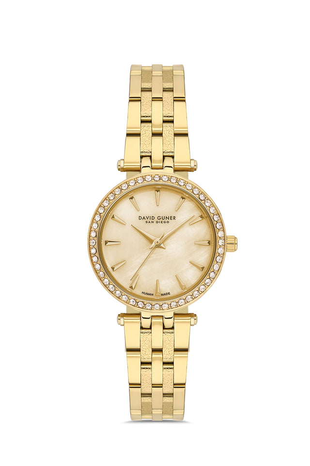 David Guner 9086LA-B4 women's watch with gold mother-of-pearl dial, gold-tone case and stainless steel bracelet – front view