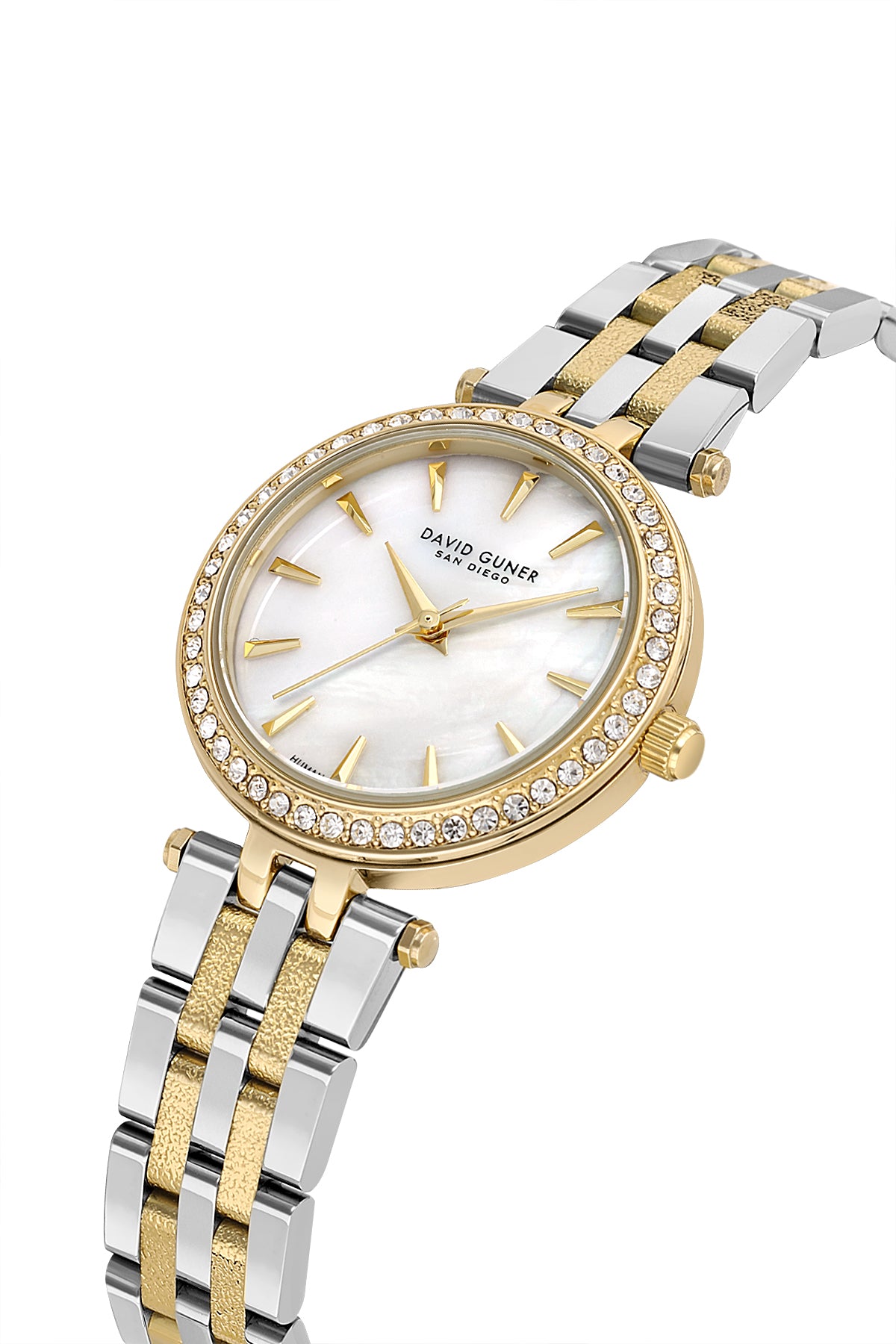 David Guner 9086LA-D1 women's watch with white mother-of-pearl dial, two-tone case and stainless steel bracelet – angled view