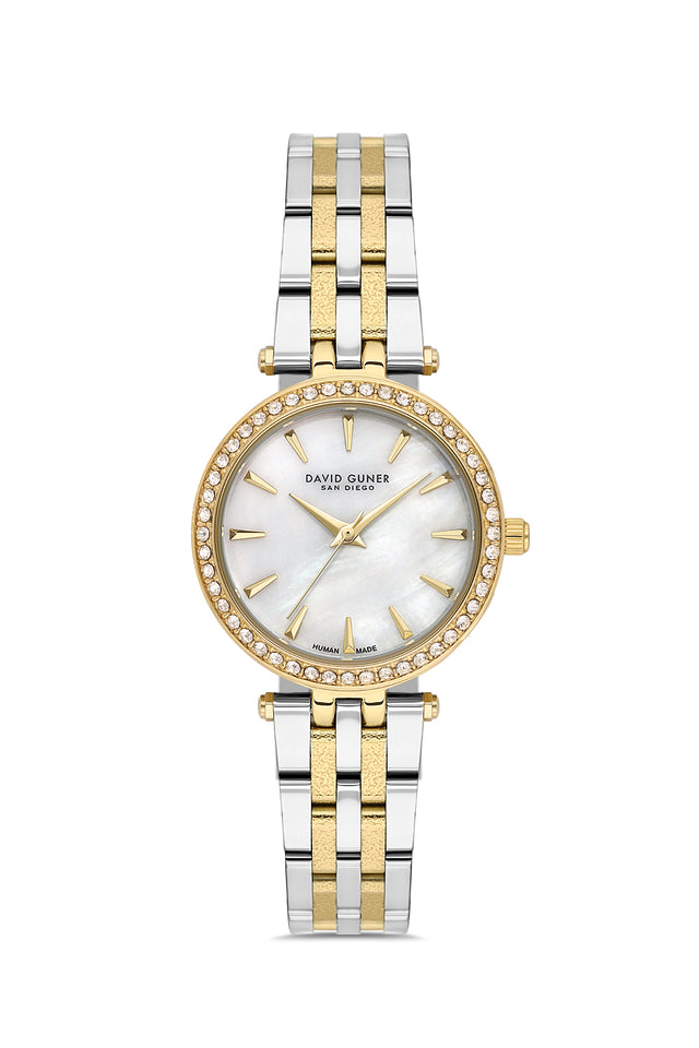 David Guner 9086LA-D1 women's watch with white mother-of-pearl dial, two-tone case and stainless steel bracelet – front view