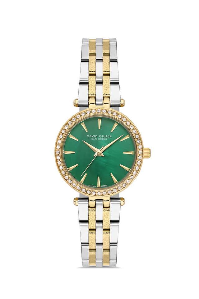 David Guner 9086LA-D10 women's watch with green mother-of-pearl dial, two-tone case and stainless steel bracelet – front view