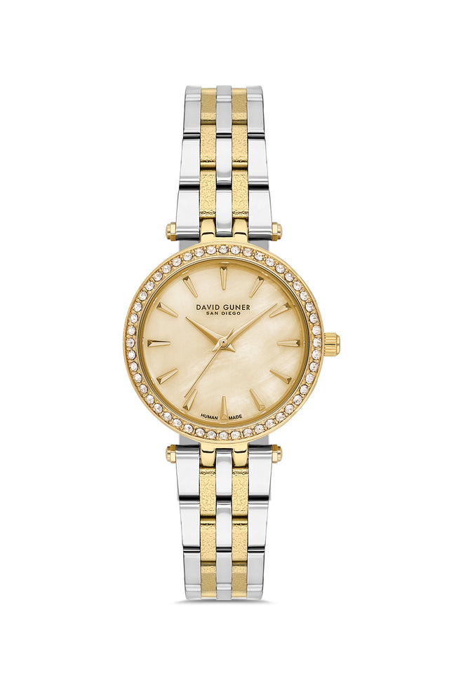 David Guner 9086LA-D4 women's watch with gold mother-of-pearl dial, two-tone case and stainless steel bracelet – front view