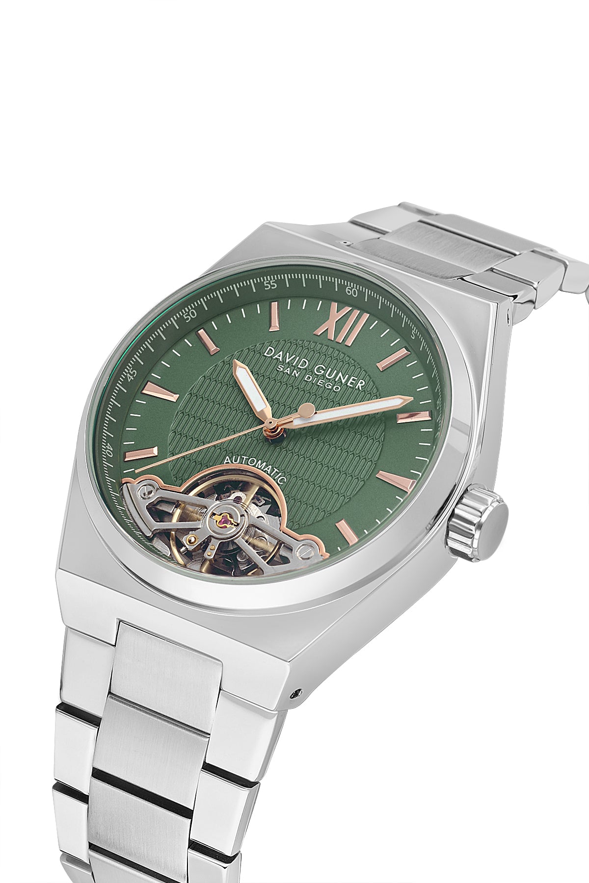 David Guner 9090GA-A10 men's automatic watch with green dial, silver-tone case and stainless steel bracelet – angled view