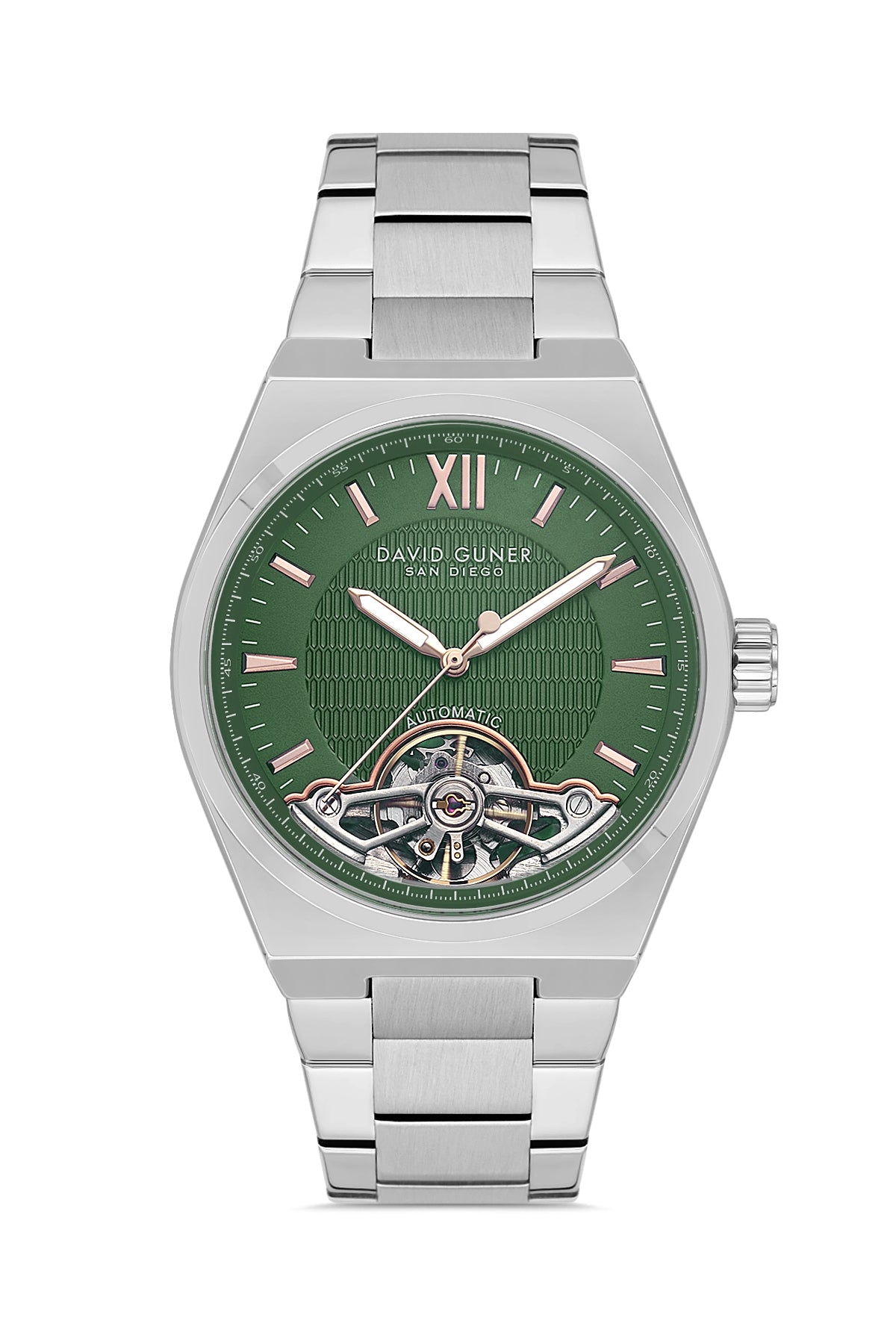 David Guner 9090GA-A10 men's automatic watch with green dial, silver-tone case and stainless steel bracelet – front view