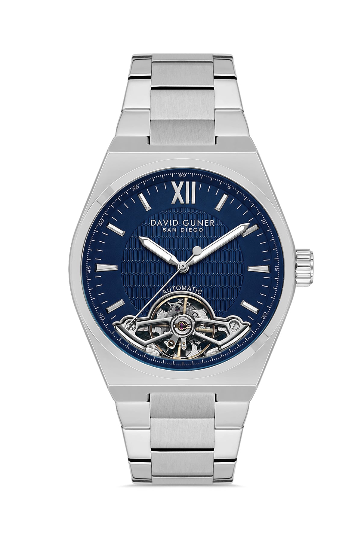 David Guner 9090GA-A3 men's automatic watch with blue dial, silver-tone case and stainless steel bracelet – front view