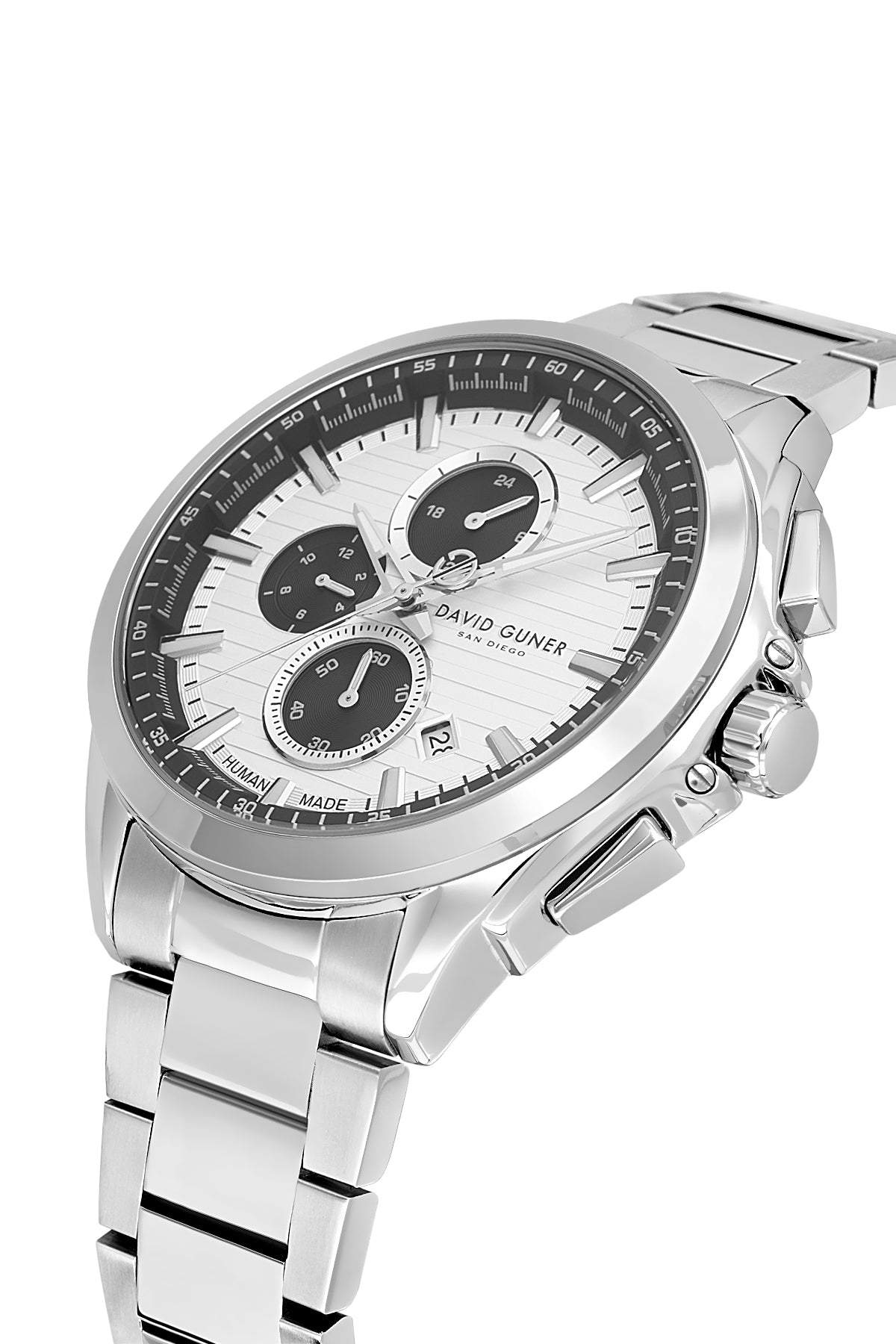 David Guner 9092GA-A1 men's watch with silver dial, silver-tone case and stainless steel bracelet – angled view