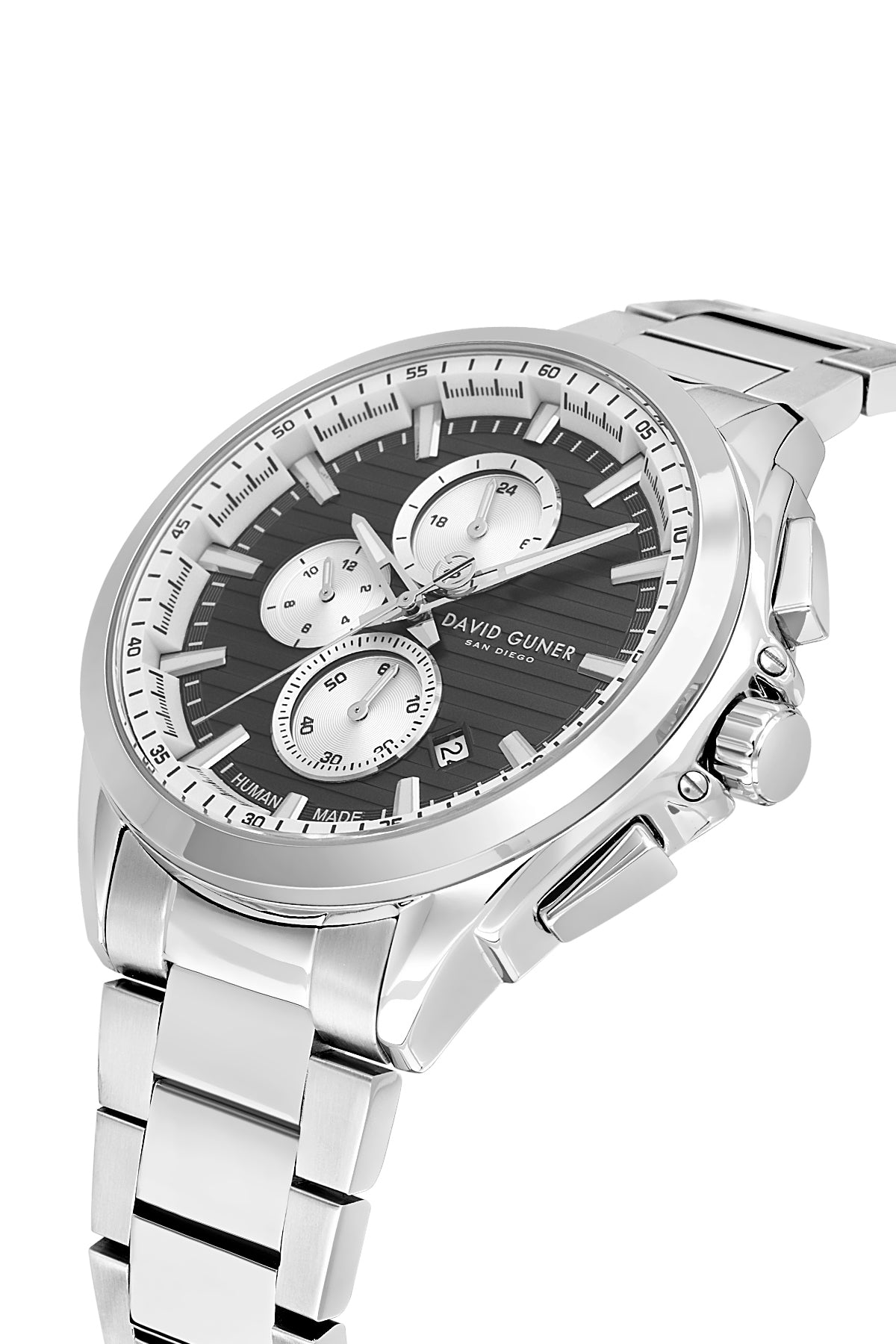 David Guner 9092GA-A2 men's watch with black dial, silver-tone case and stainless steel bracelet – angled view