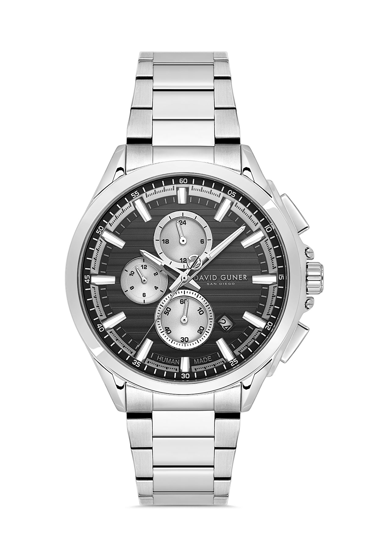 David Guner 9092GA-A2 men's watch with black dial, silver-tone case and stainless steel bracelet – front view
