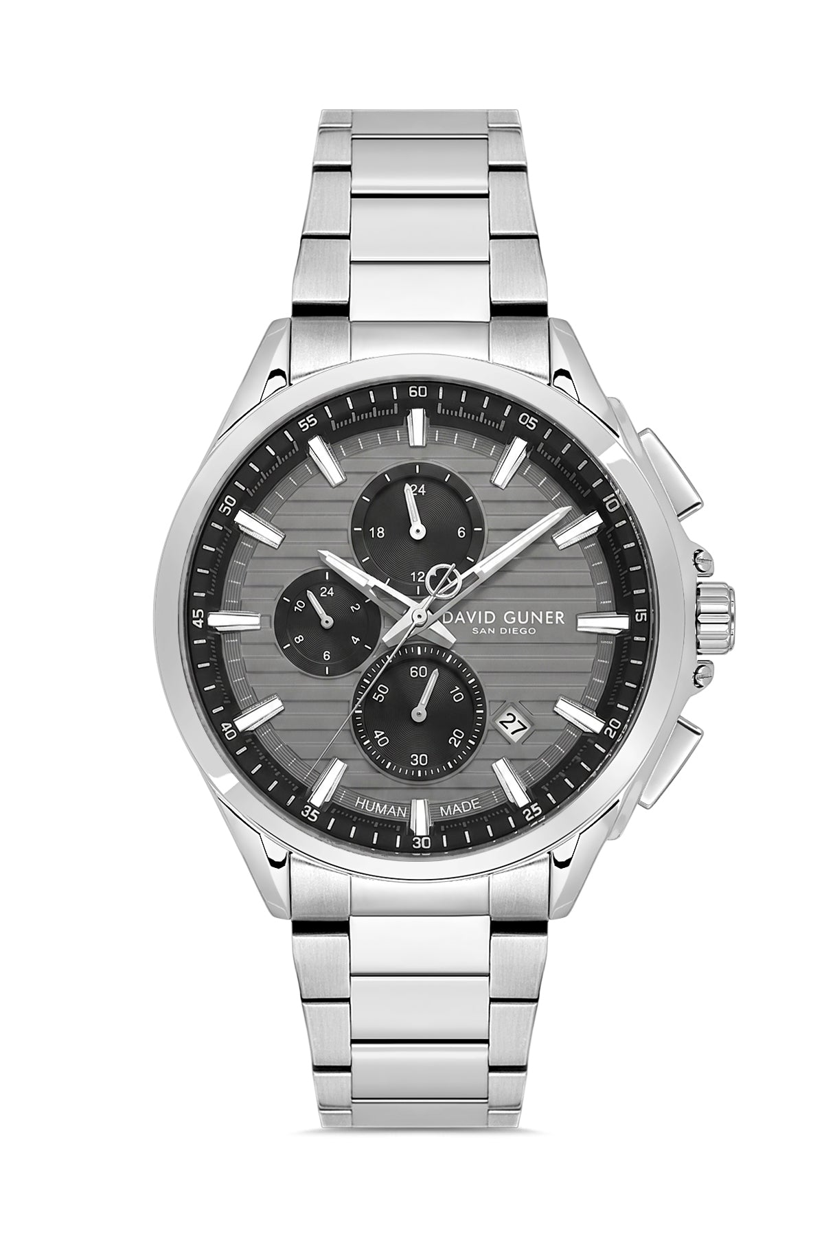 David Guner 9092GA-A9 men's watch with gray dial, silver-tone case and stainless steel bracelet – front view