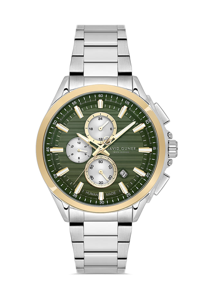 David Guner 9092GA-D10 men's watch with green dial, two-tone case and stainless steel bracelet – front view