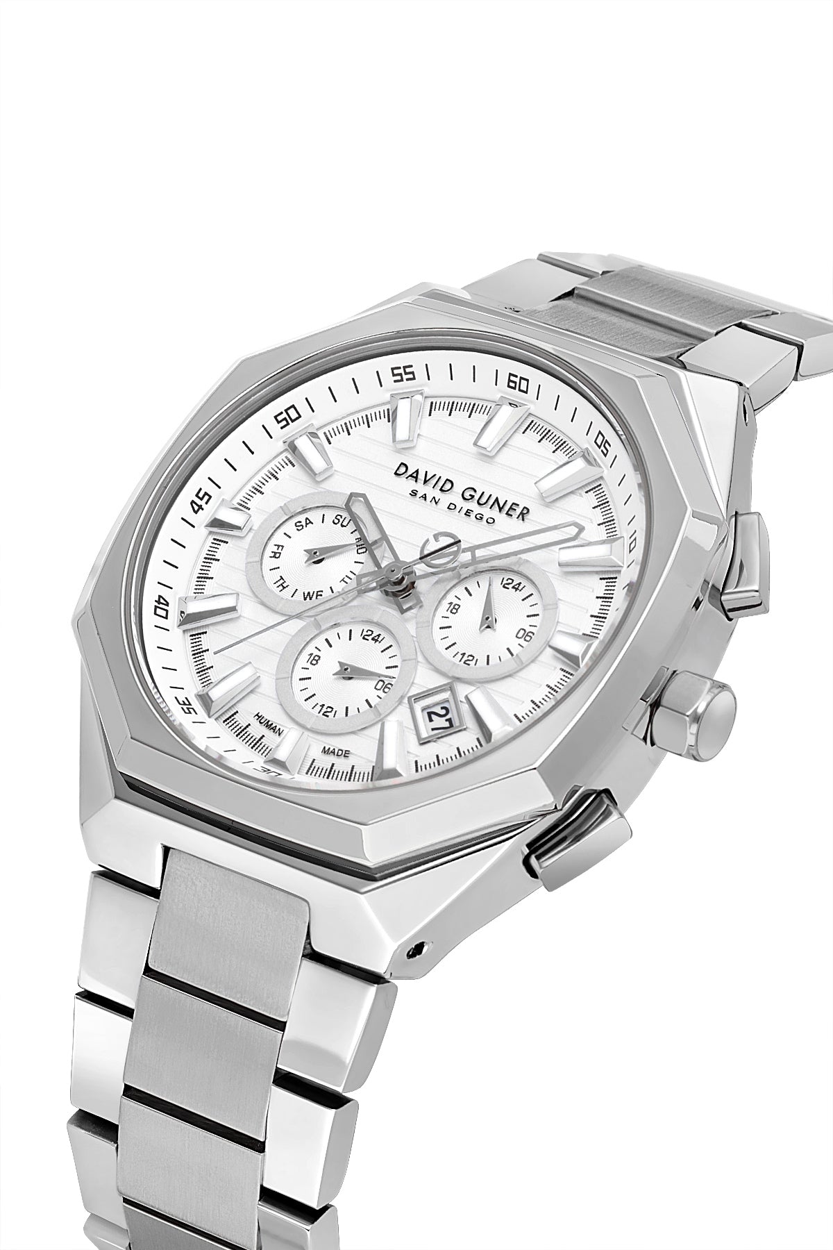 David Guner 9098GA-A1 men's watch with silver dial, silver-tone case and stainless steel bracelet – angled view