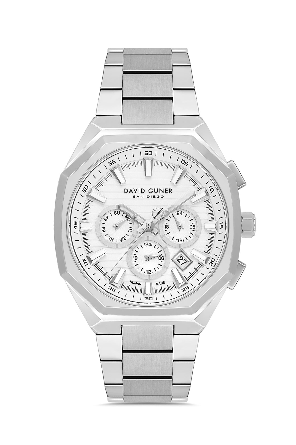 David Guner 9098GA-A1 men's watch with silver dial, silver-tone case and stainless steel bracelet – front view
